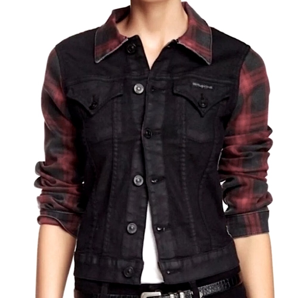 Rare HUDSON jean’s black & red buffalo check denim Jean Jacket Sz S Stretch - Picture 2 of 13